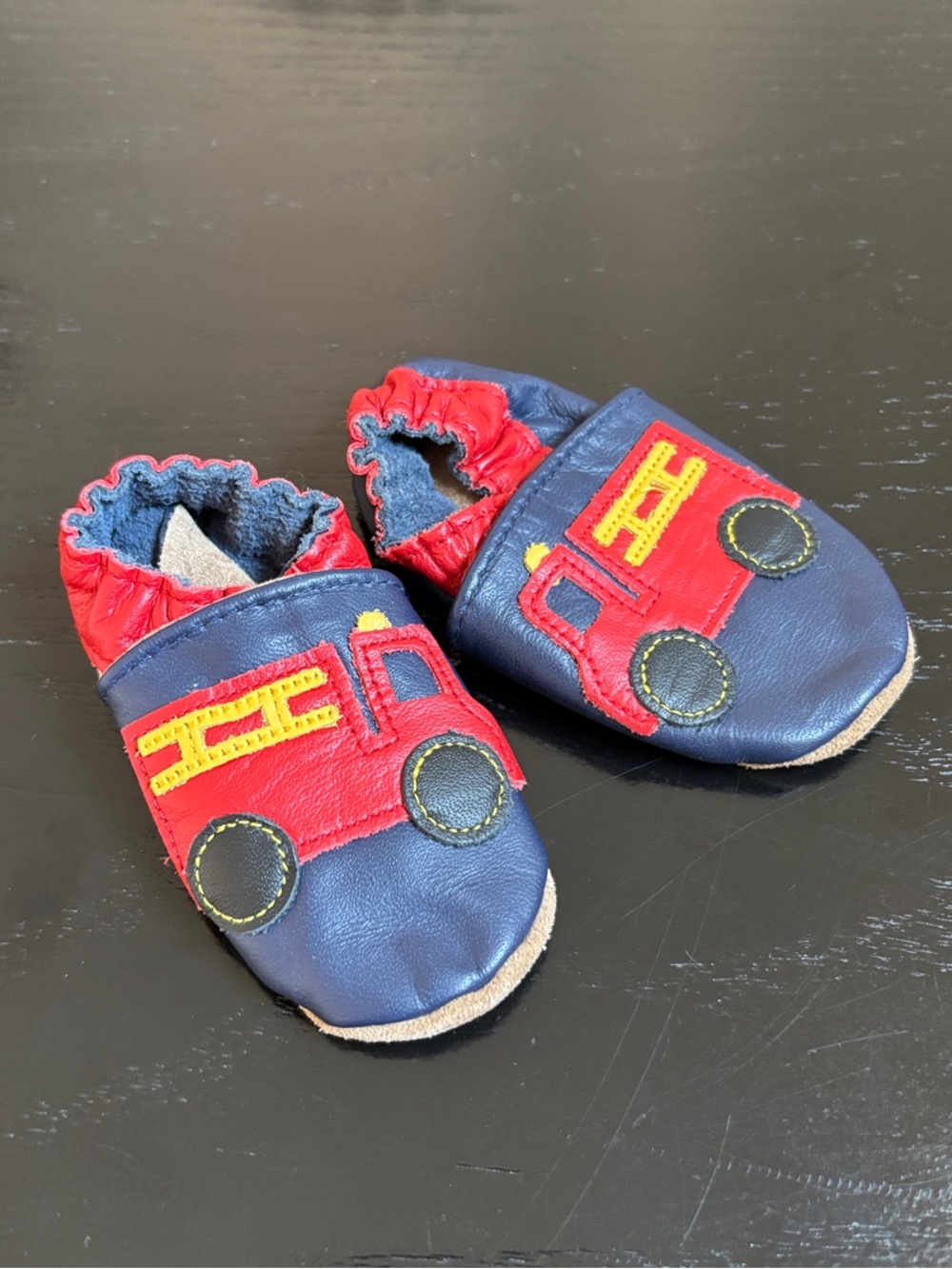 Robeez Navy Leather Baby Moccasins with Red Fire Truck Appliqué